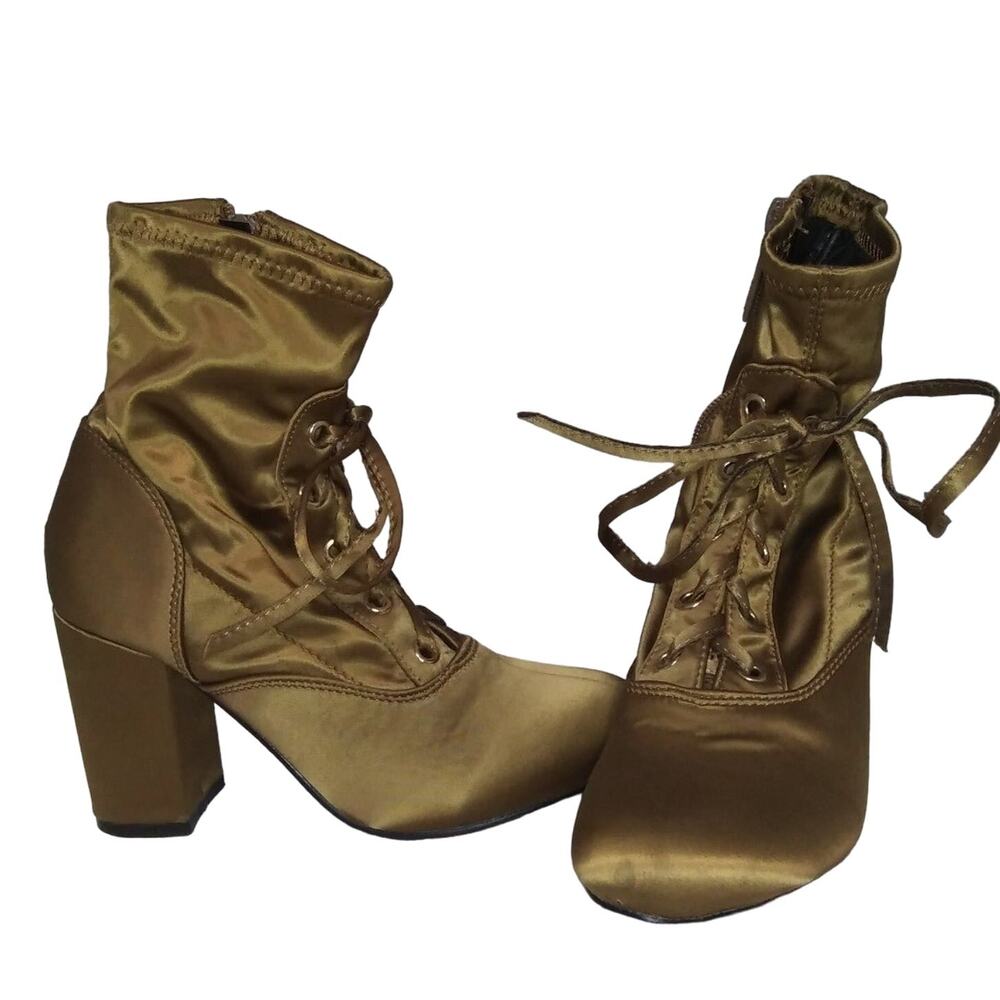 Nature Breeze Satiny Fabric Lace Up Boots 3 Inch High Heel Booties Size 5 1/2